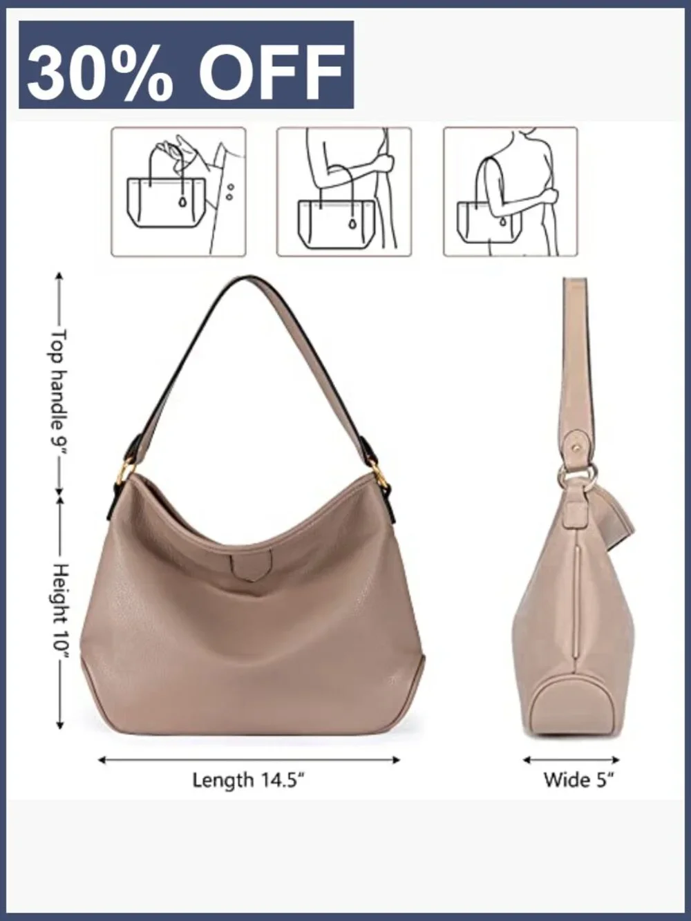 Women's Soft Vegan Leather Hobo Shoulder Bag Lightweight Medium Satchel Purse